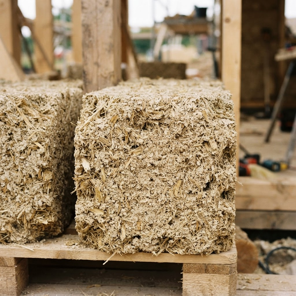 Close-up of natural hempcrete building blocks