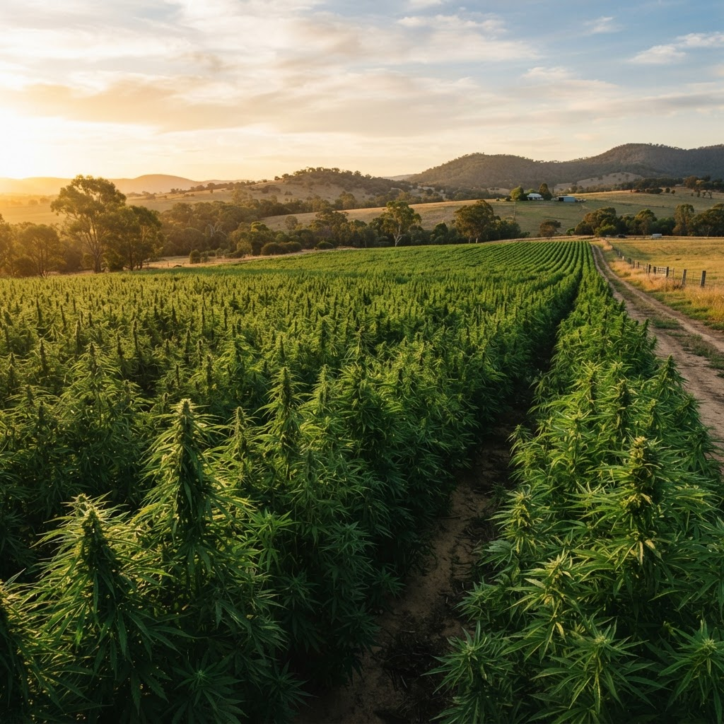 Lush industrial hemp field in regional Australia at golden hour